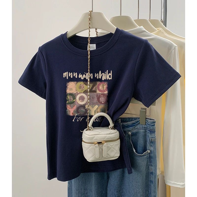 圆领正肩短袖t恤女2025夏季新款韩版时尚百搭显瘦洋气印花上衣ins