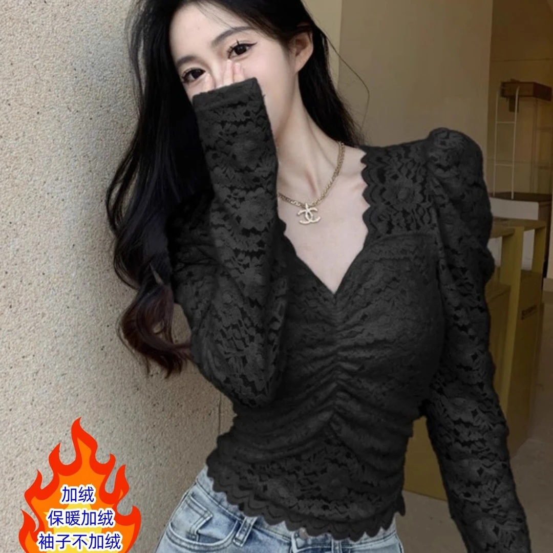加绒加厚蕾丝打底衫女时尚洋气显瘦镂空设计内搭保暖T恤