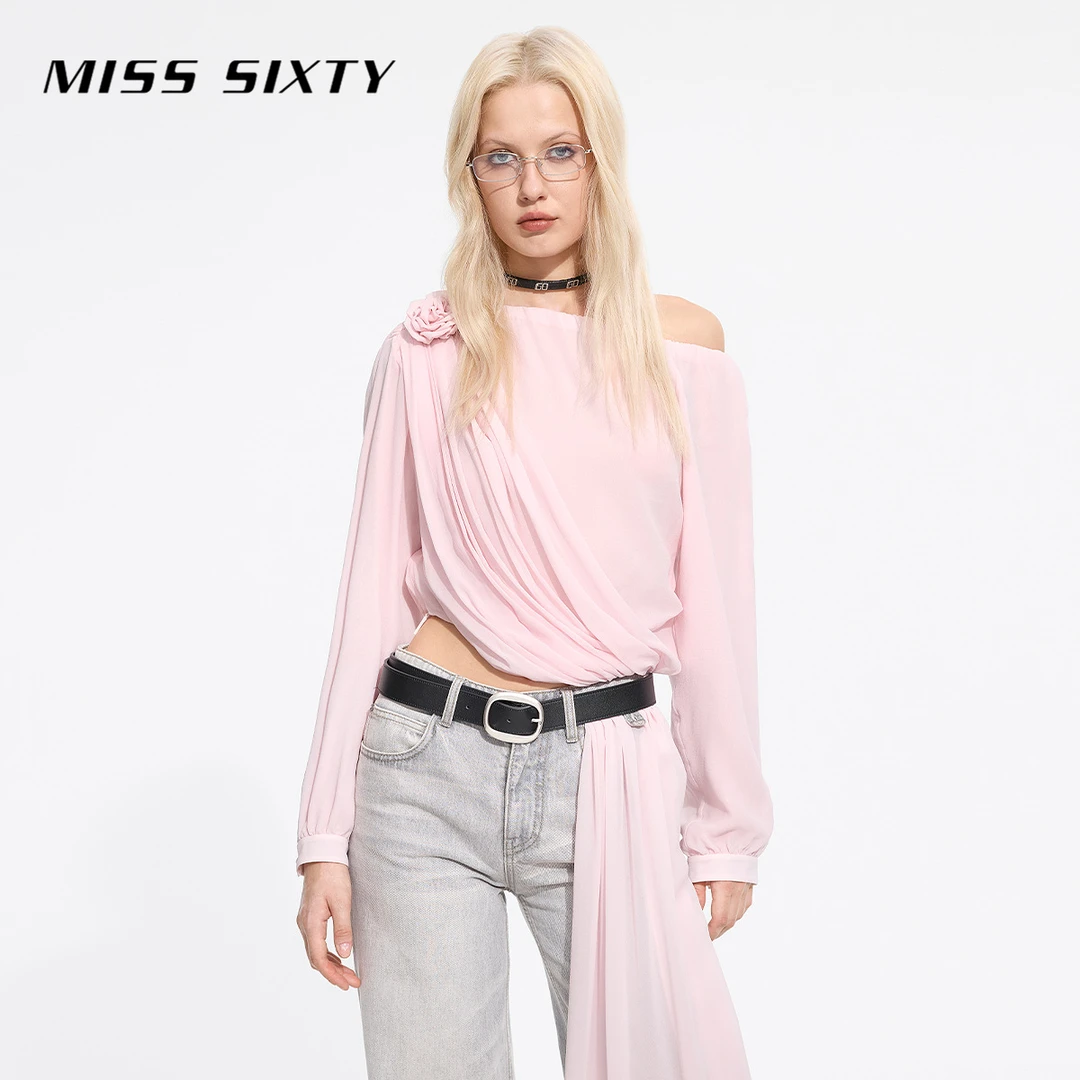 【商场同款新品】Miss Sixty2025春季真丝衬衫性感斜肩玫瑰花朵飘带