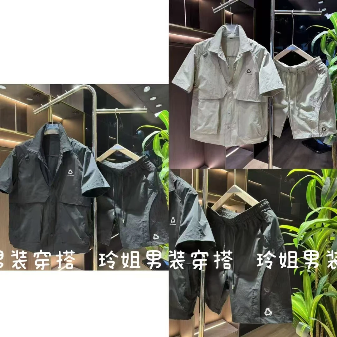 2567夏季工装翻领短袖衬衫套装男士潮流痞帅休闲速干短裤两件套