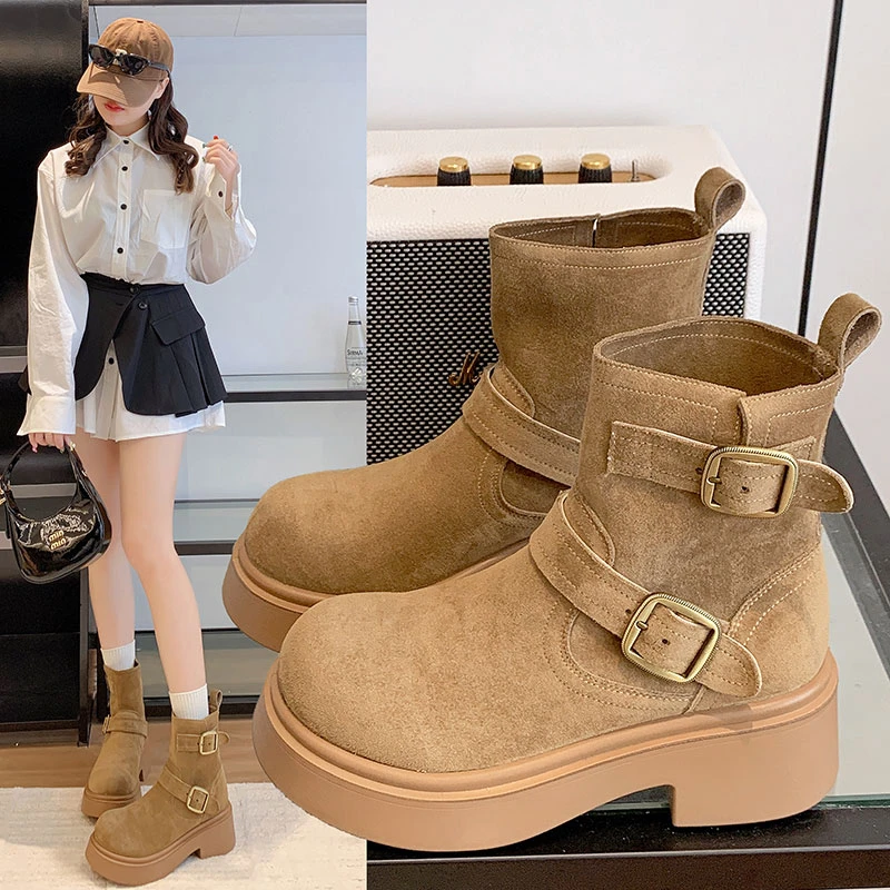 超火皮带扣马丁短靴女2025秋冬季新款瘦腿西部单靴直短筒骑士靴子