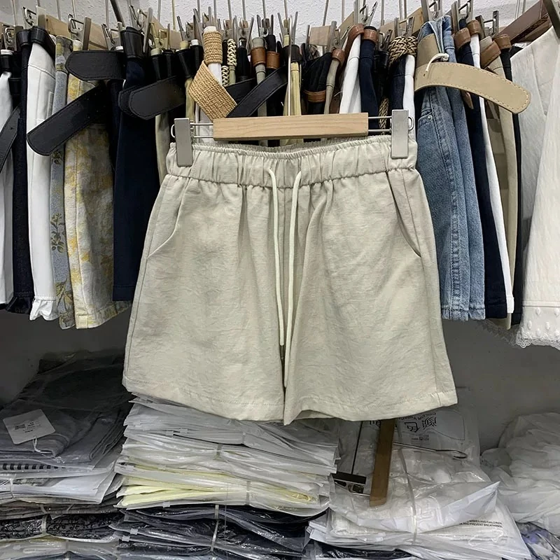 NICE圈圈、夏季松紧腰抽绳麻料质感百搭休闲短裤A5715