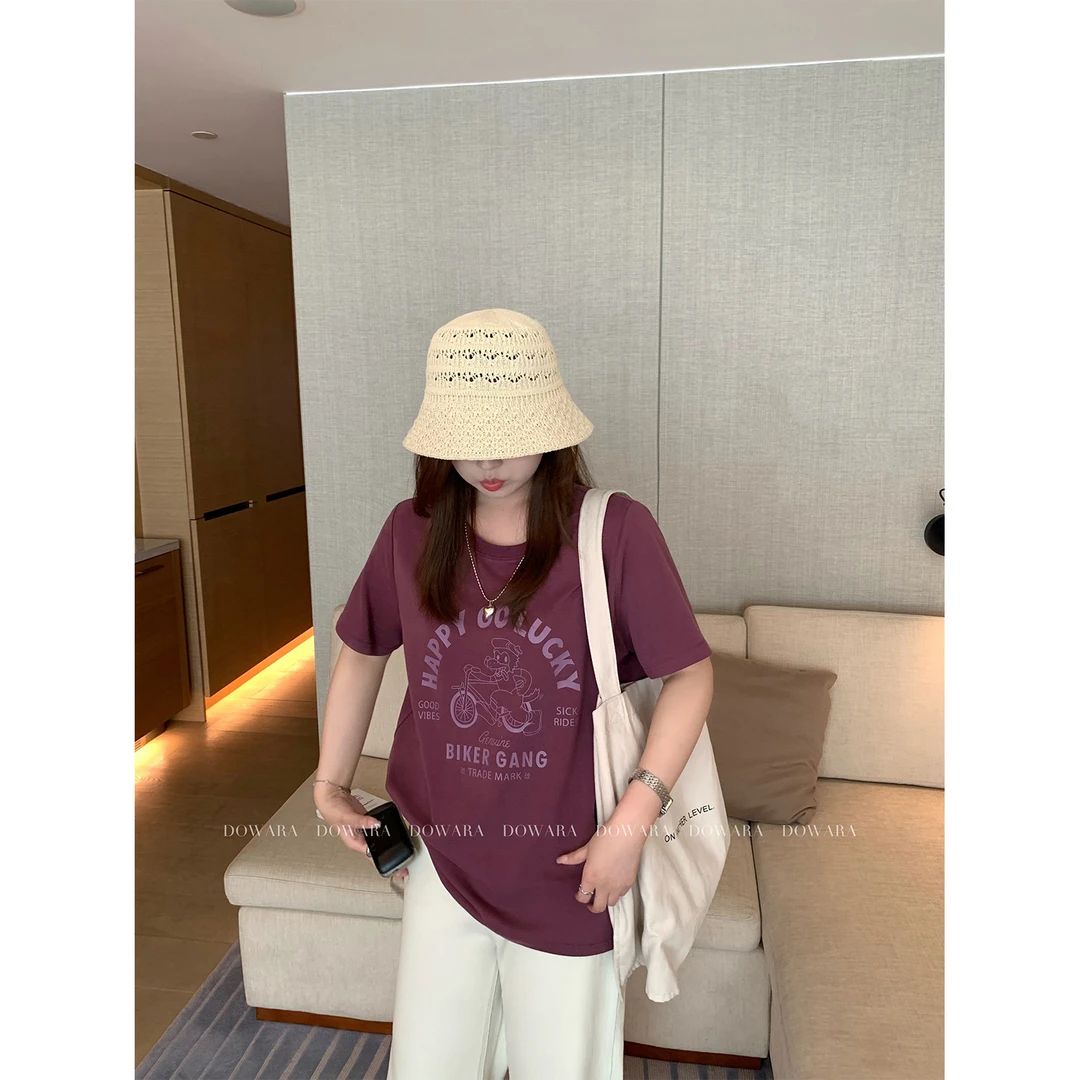 现货大婉酱微胖定制紫色印花T恤女春夏新款短袖韩版百搭上衣7819D