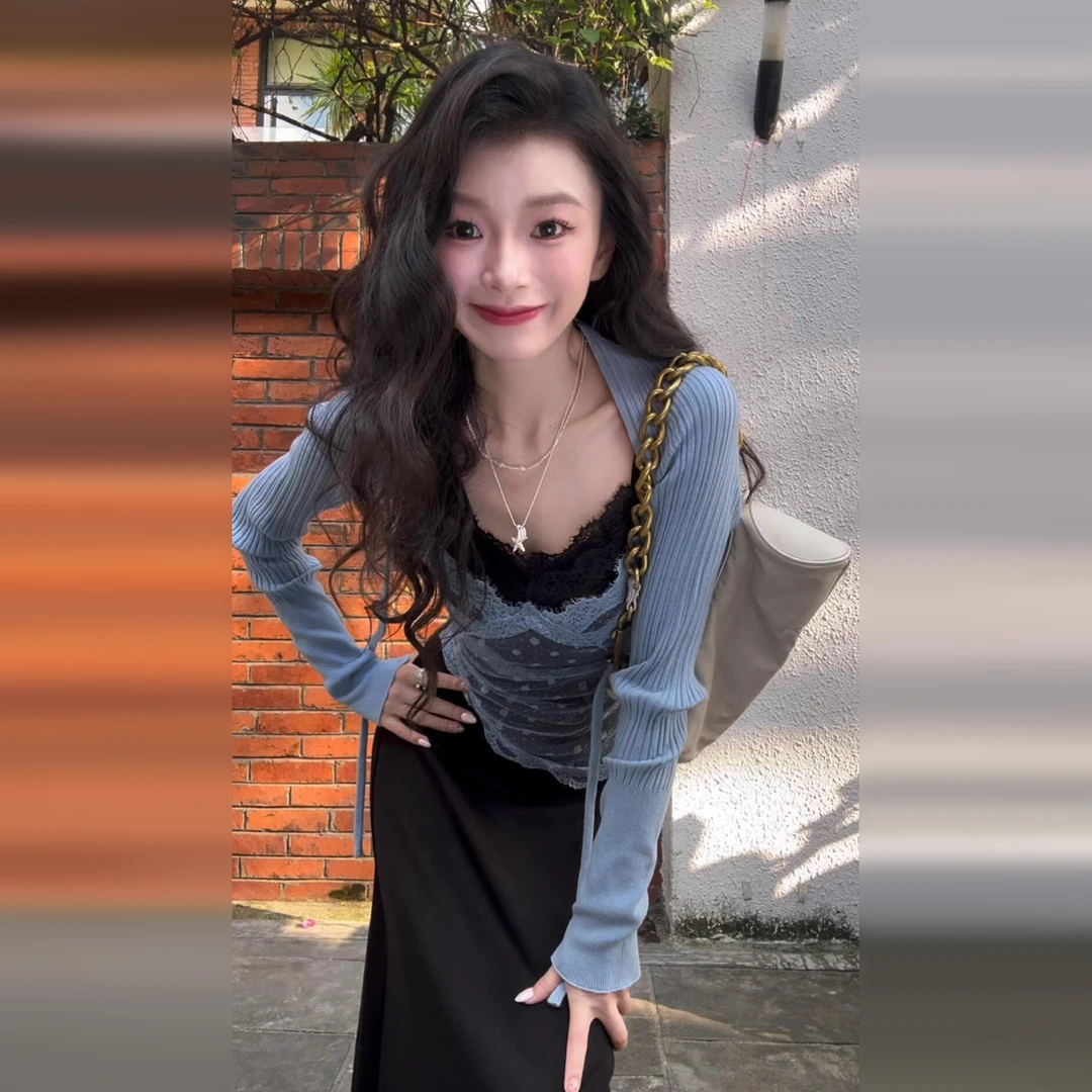 韩系高级氛围感吊带连衣裙子女秋冬2025新款收腰显瘦长裙三件套装