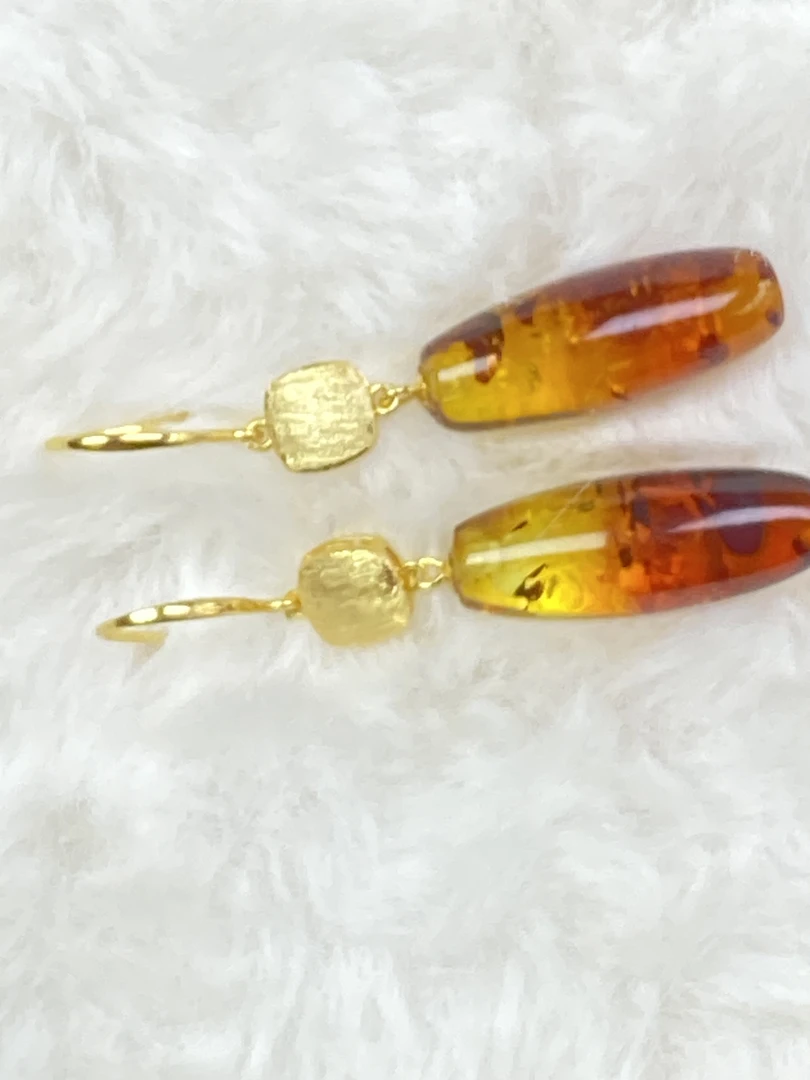 天然琥珀蜜蜡花珀耳坠银S925