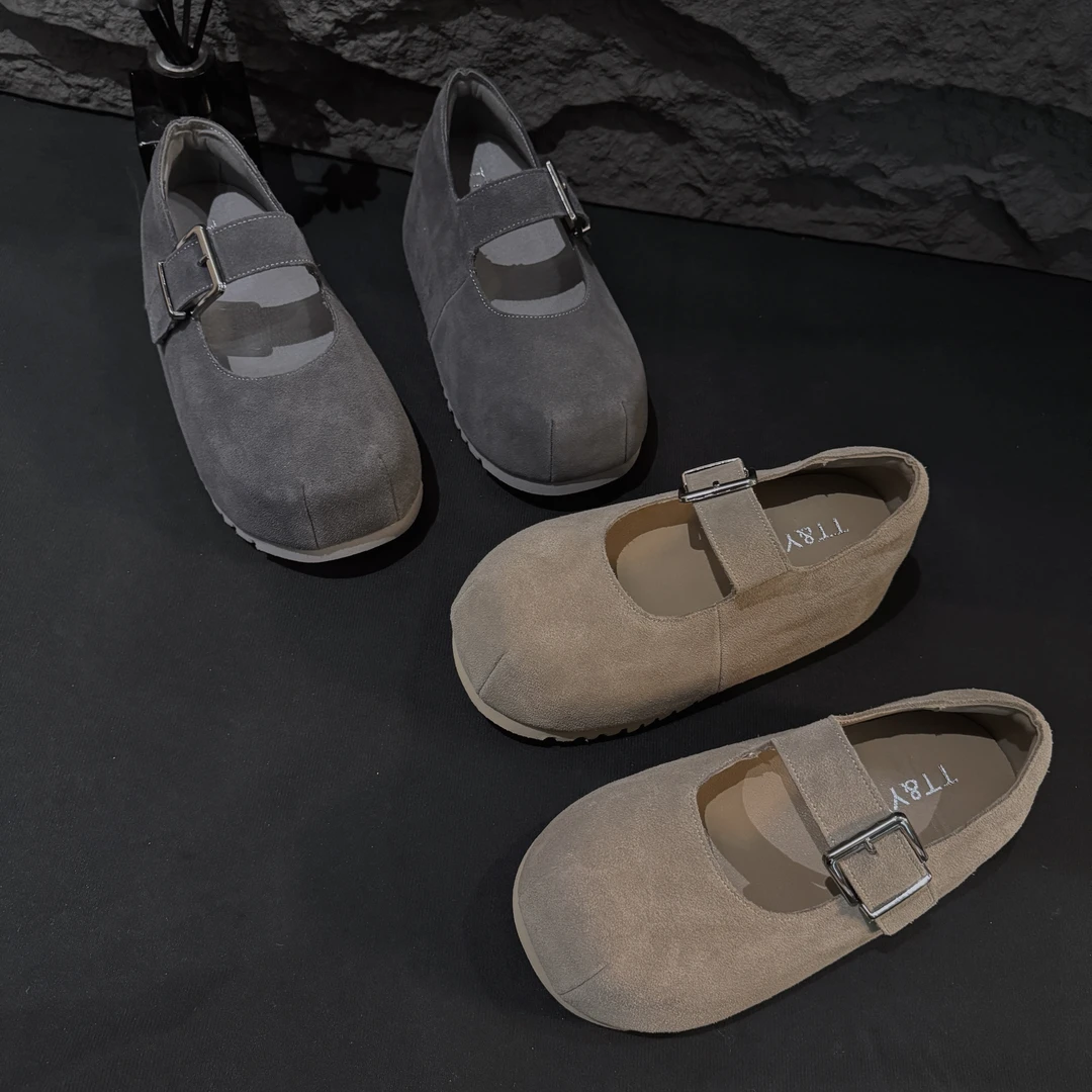 磨砂真皮一字玛丽珍单鞋女卡皮巴拉大头面包鞋小个子博肯鞋699-28