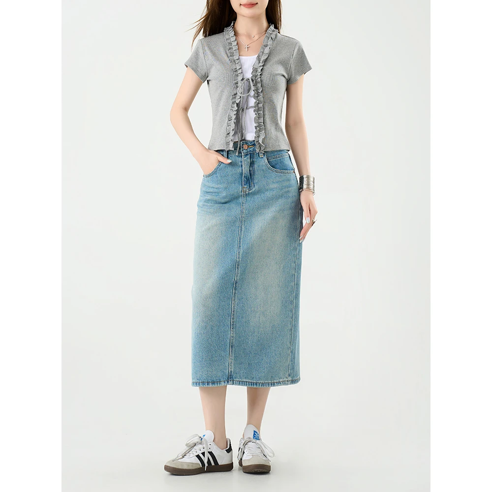 Space Password刺绣牛仔裙女夏季新款中高腰显瘦开叉半身裙886001