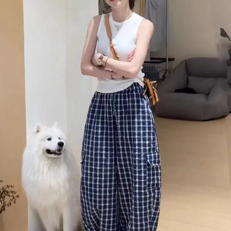 韩系设计感无袖背心+格子直筒裤套装女2025夏季新款宽松显瘦长裤