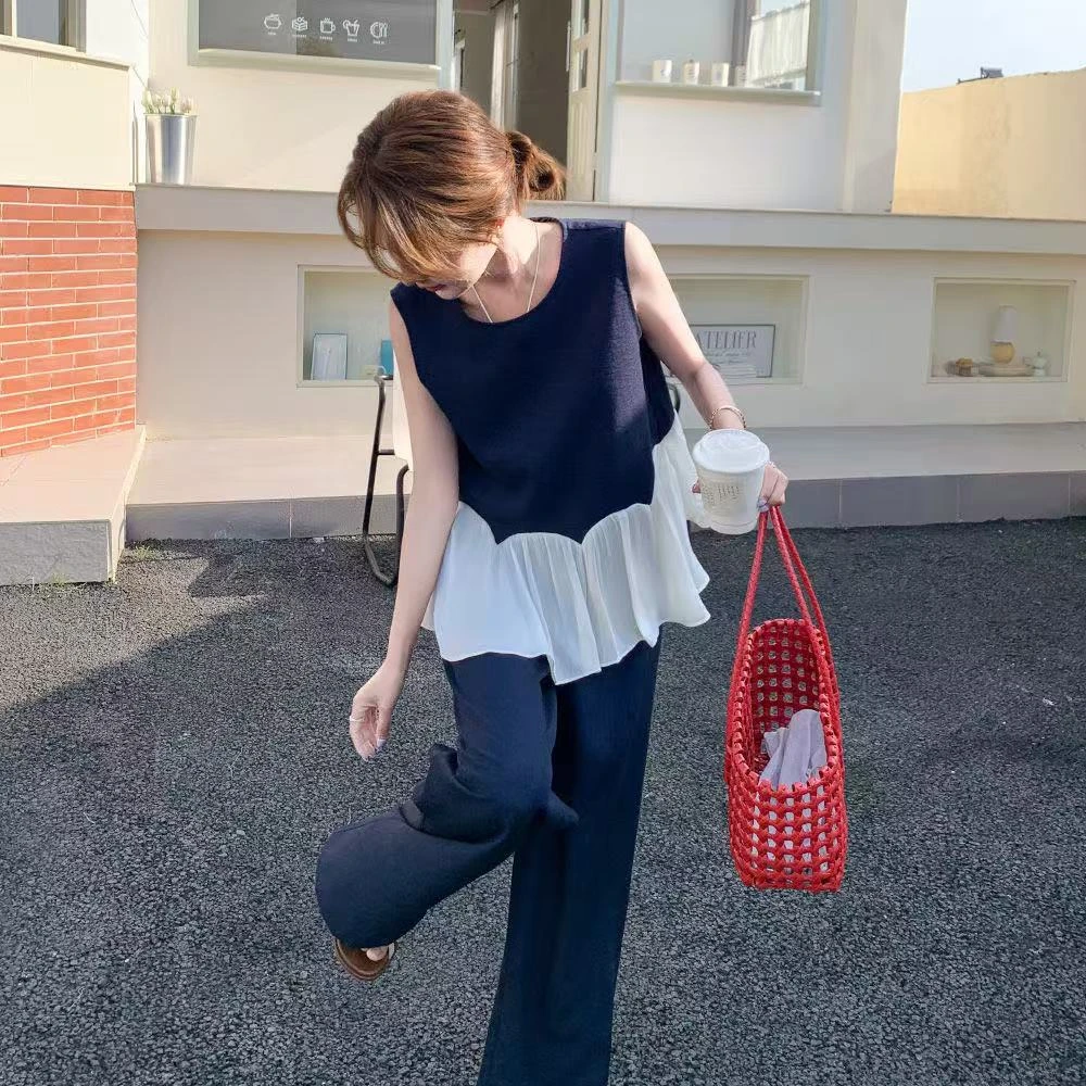 不规则荷叶夏季拼接时尚新款无袖短袖显瘦阔腿裤两件套装爆款