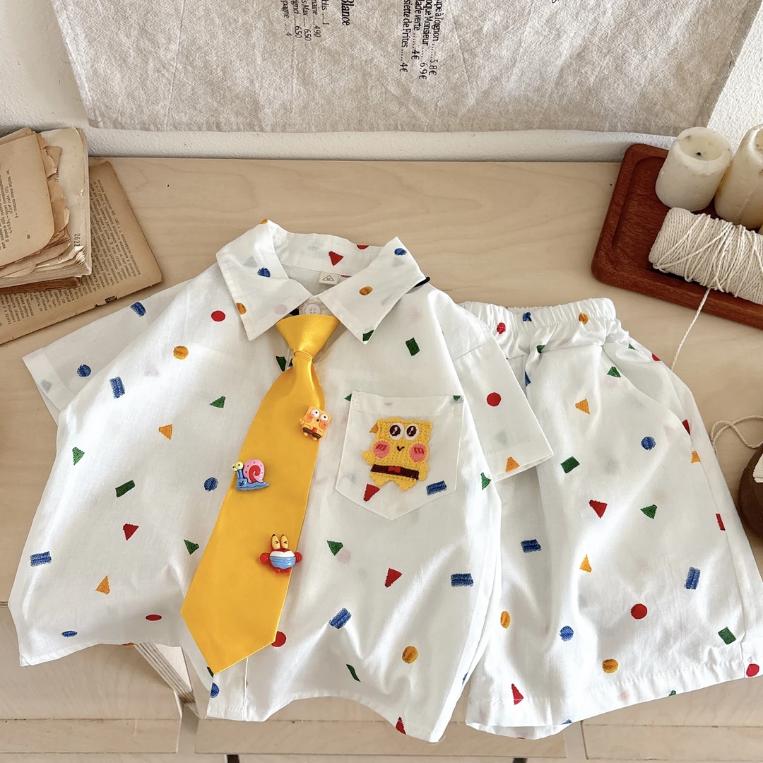 男童衬衫套装夏季2025新款中小童韩版彩点短袖衬衣卡通短裤两件套