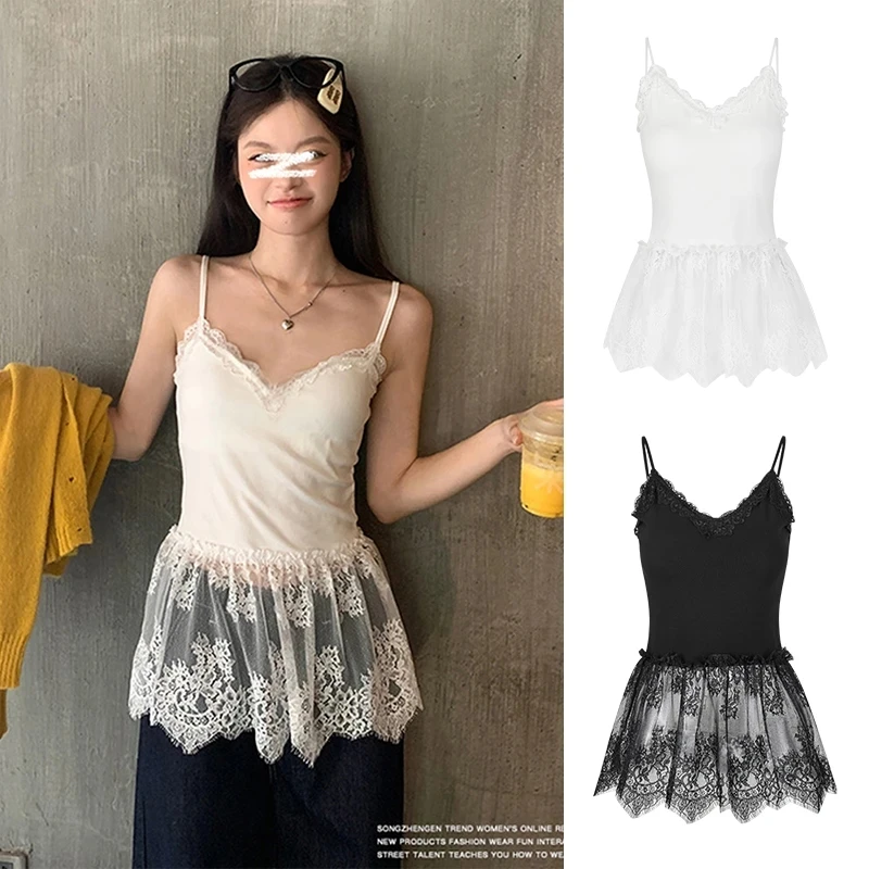 夏季吊带背心修身显瘦收腰气质设计感胸垫拼接花边蕾丝白色上衣女