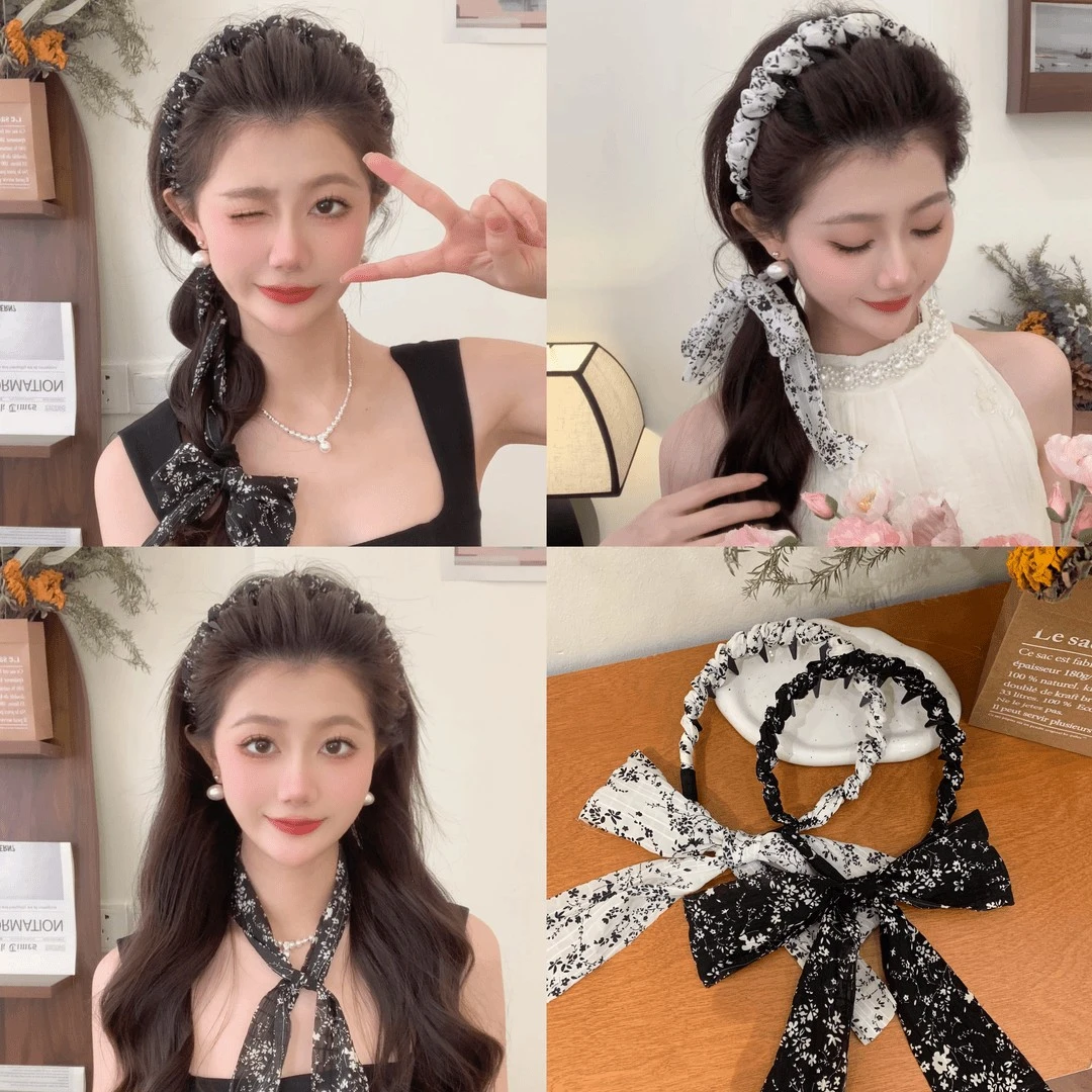 碎花齿梳飘带发箍女日常外戴头箍2025新款编发一体碎发丝巾绑发带
