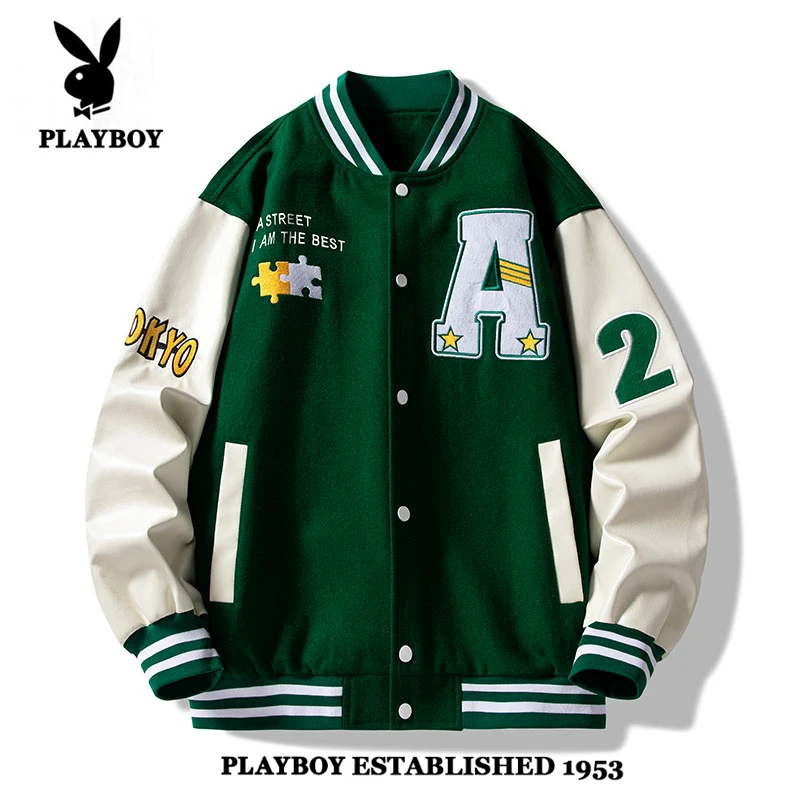 【美式潮牌】花花公子秋季新款情侣棒球领夹克潮流绣花宽松学生外套