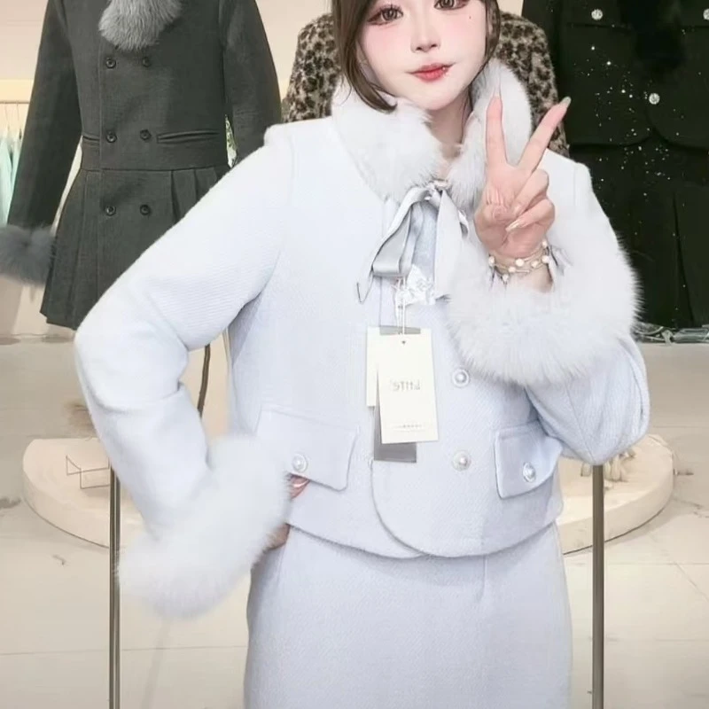 青青大码女装蓝色轻奢高级感毛呢外套百褶裙两件套装女秋冬T4563