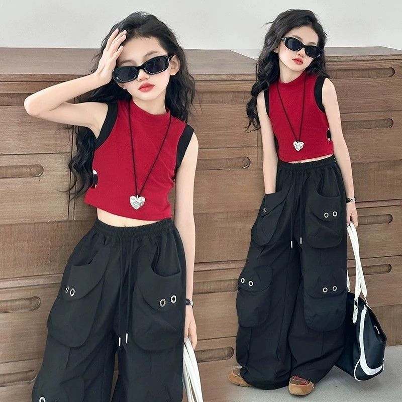 女童套装红色拼接修身短背心儿童夏季外穿爵士舞无袖工装裤两件套