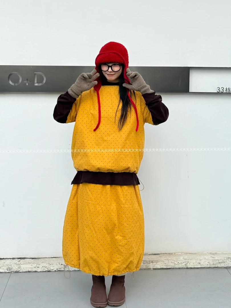 火火【波点夹棉套装】】秋冬松紧抽绳加厚夹棉套装上衣＋半身裙女