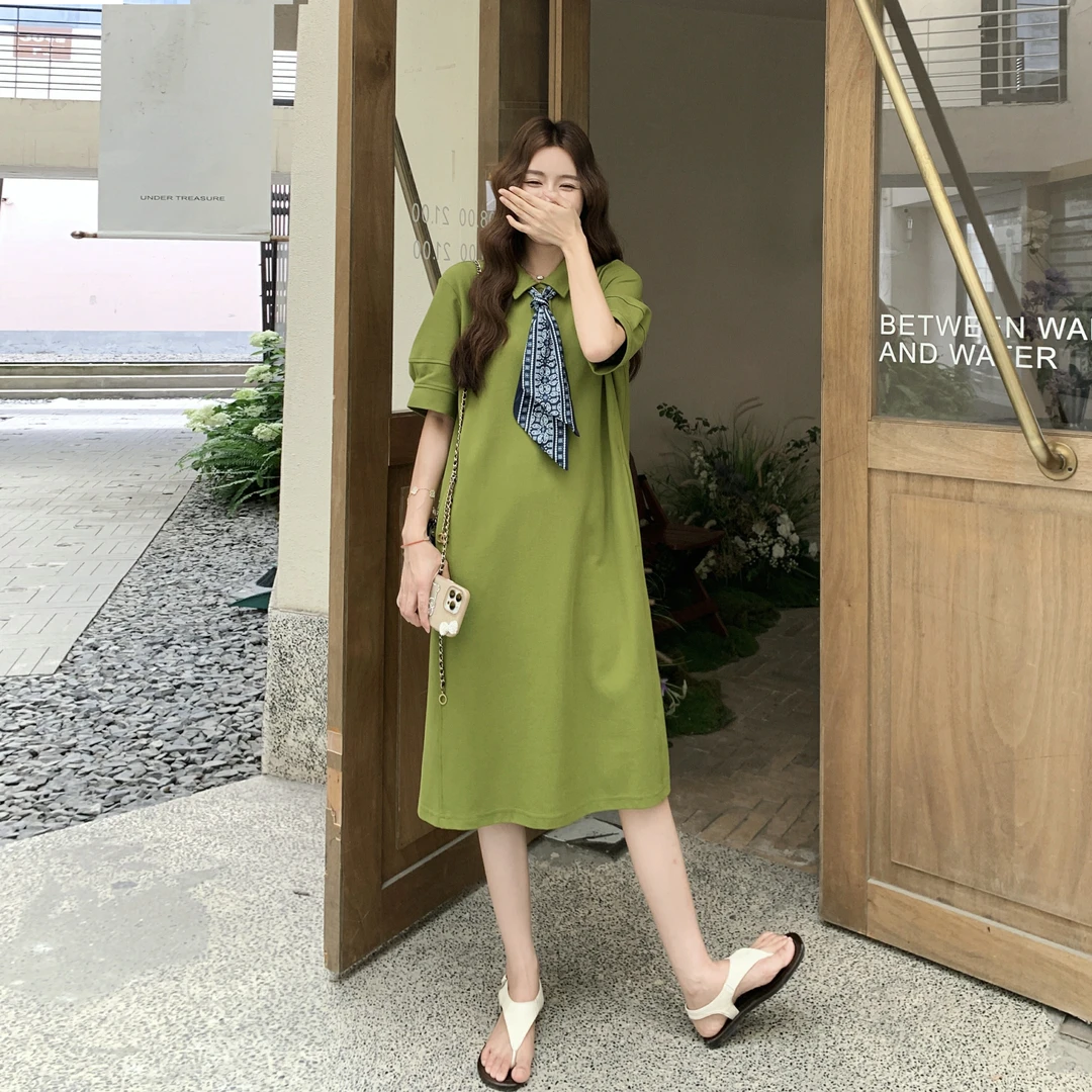 夏季纯色翻领系带丝巾连衣裙女新款高级感时尚韩版气质减龄长裙