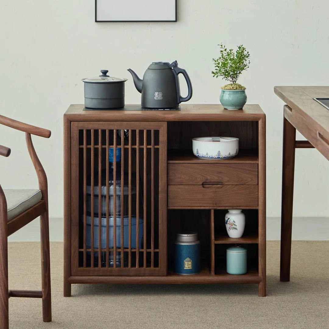 新中式办公室烧茶水柜台壶一体置物架老榆木茶桌侧餐边柜胡桃实木
