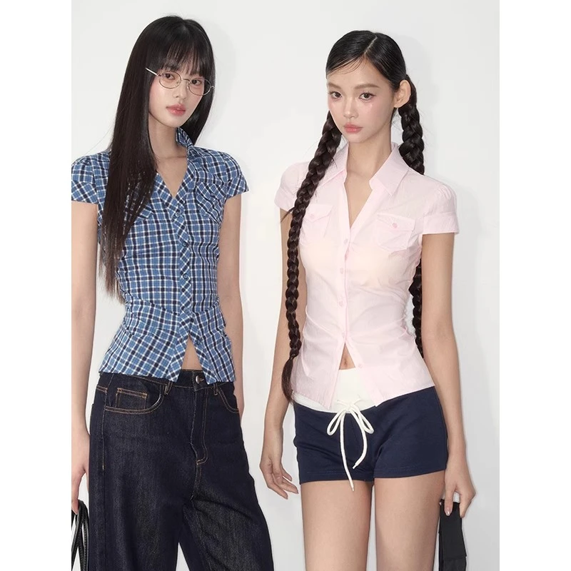 美式学院风掐腰短袖衬衫女2025夏季新款辣妹衬衣翻领格子百搭上衣