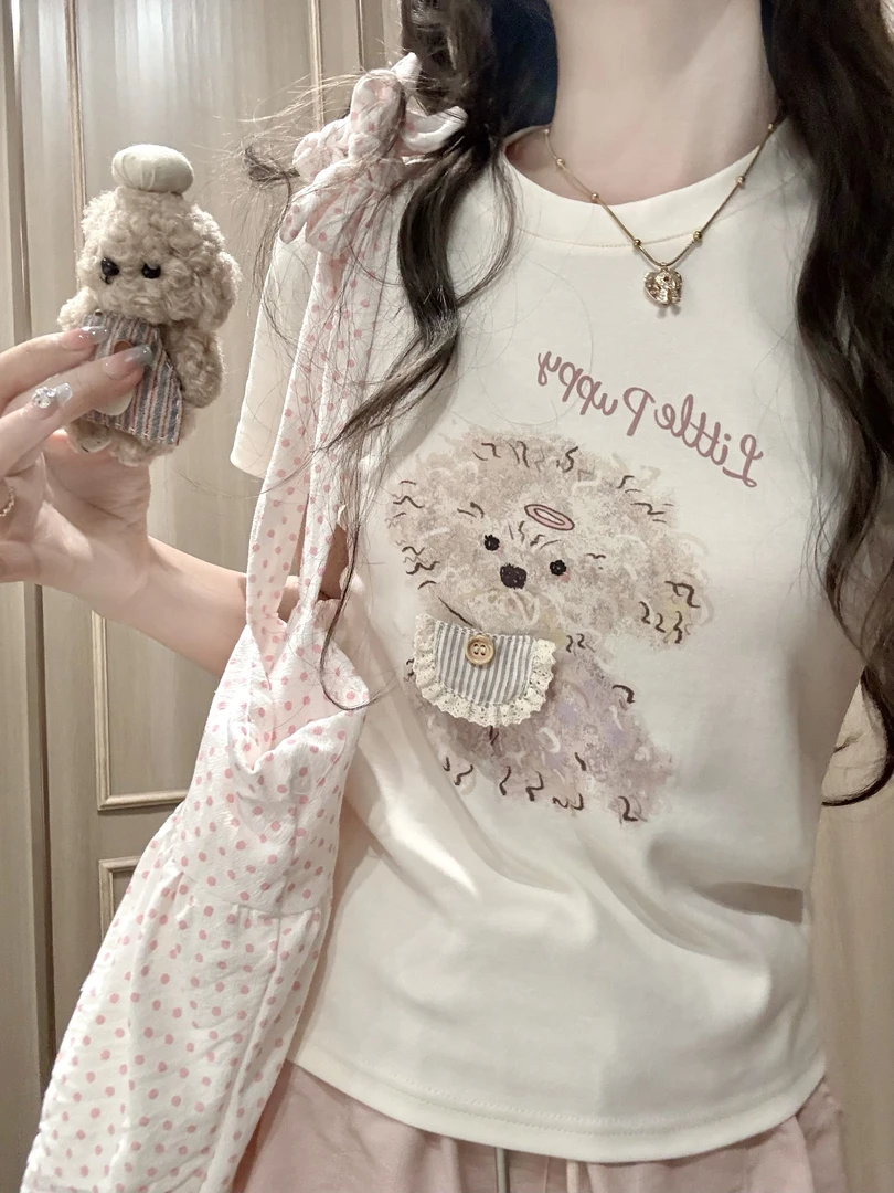 DOLL原创-奶油小狗-印花圆领短款T恤女新款百搭修身短袖上衣