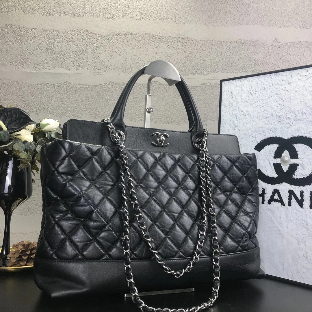 95新 Chanel/香奈儿 黑银牛皮手提单肩夹子托特包 底长37 15开