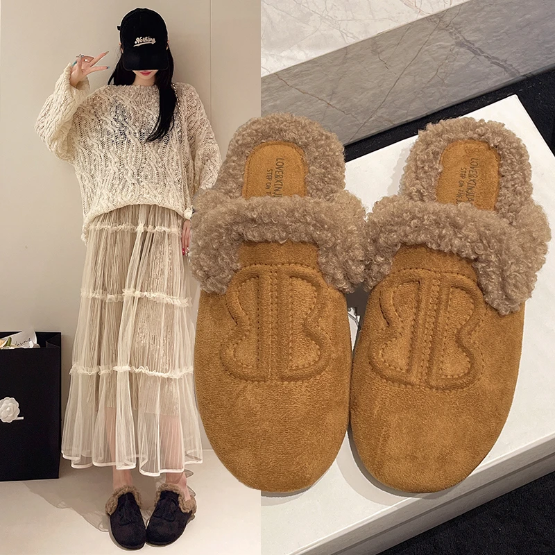 软底穆勒鞋静奢风休闲风韩版纯色冬季秋冬通勤浅口毛毛鞋