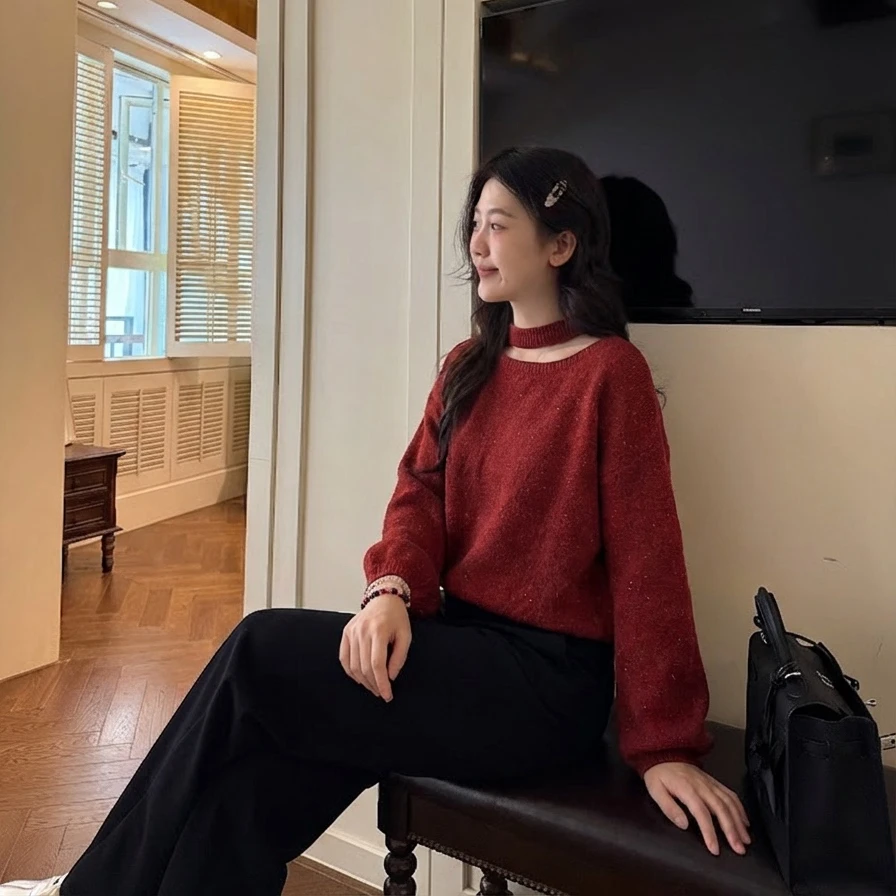 【闵笑一】白梨漫秋 韩版挂脖露肩针织毛衣女2025冬季洋气上衣