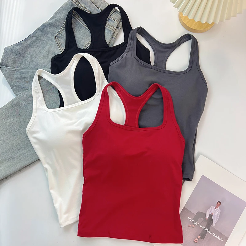 美式复古宽边工字背心女夏季高弹带胸垫吊带基础无袖内搭瑜伽上衣