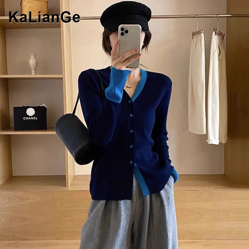 卡莲格/撞色假两件v领针织开衫女秋季微胖mm修身显瘦软糯毛衣外套