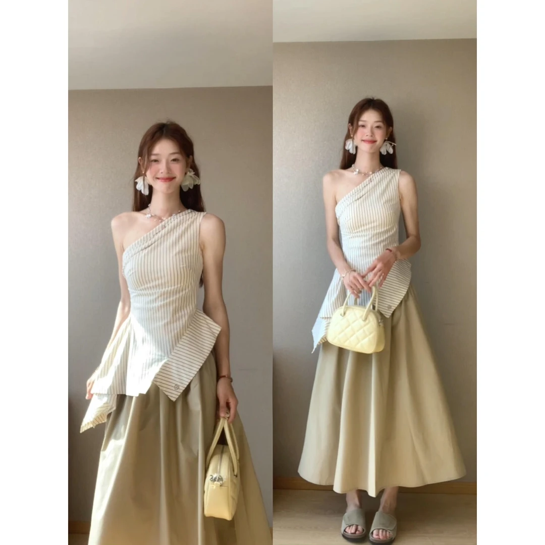 INS CEC法式气质不规则斜肩条纹吊带上衣夏季爆款A字伞裙套装