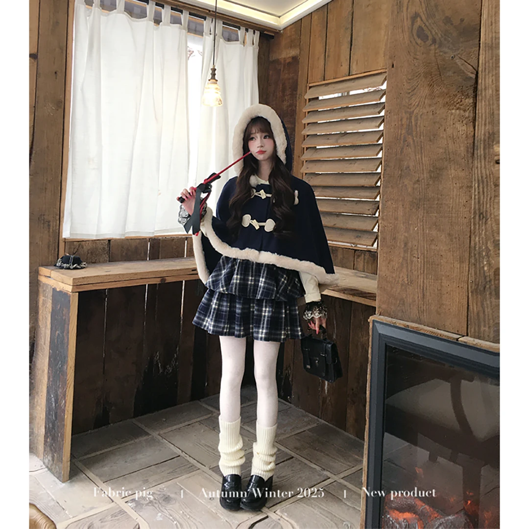 格蕾少女 织物猪原创 千金风假两件娃娃领连衣裙女秋甜美格子短裙