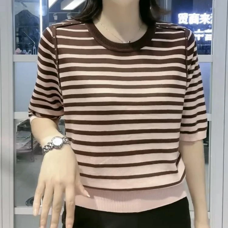 莱赛尔秋装中袖针织衫女上衣大码毛衣条纹五分袖中年妈妈装打底衫