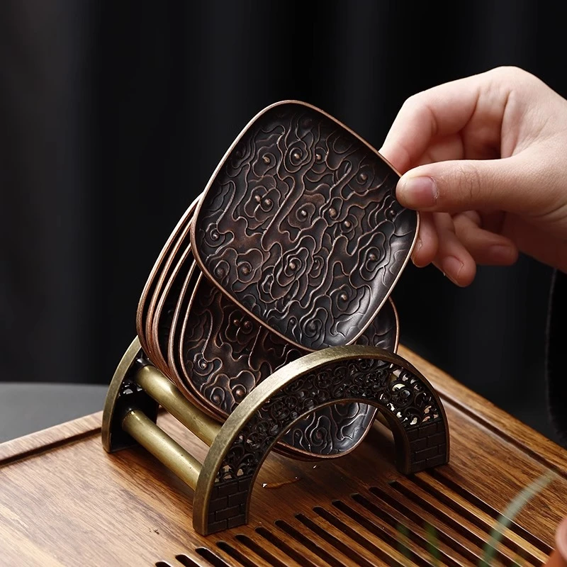 中式合金祥云杯垫茶碟茶杯托仿古禅风隔热垫功夫茶具茶道配件收纳