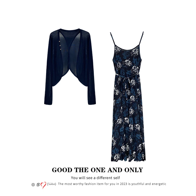 长袖开衫针织上衣法式气质感碎花无袖吊带A字裙800783+103467【T】