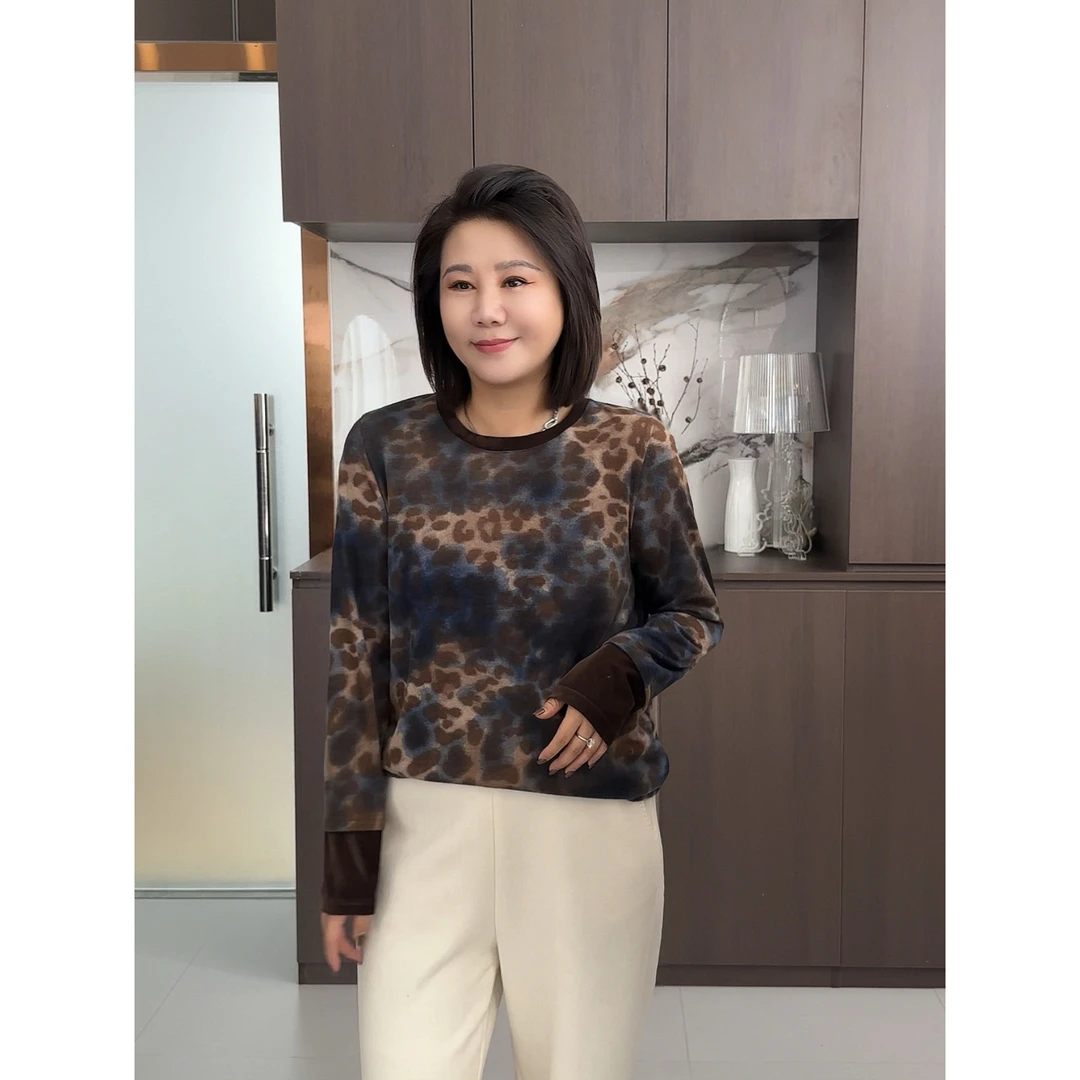 微胖女装【秋日调色盘】磨毛晕染豹纹拼接丝绒打底秋冬新款20829