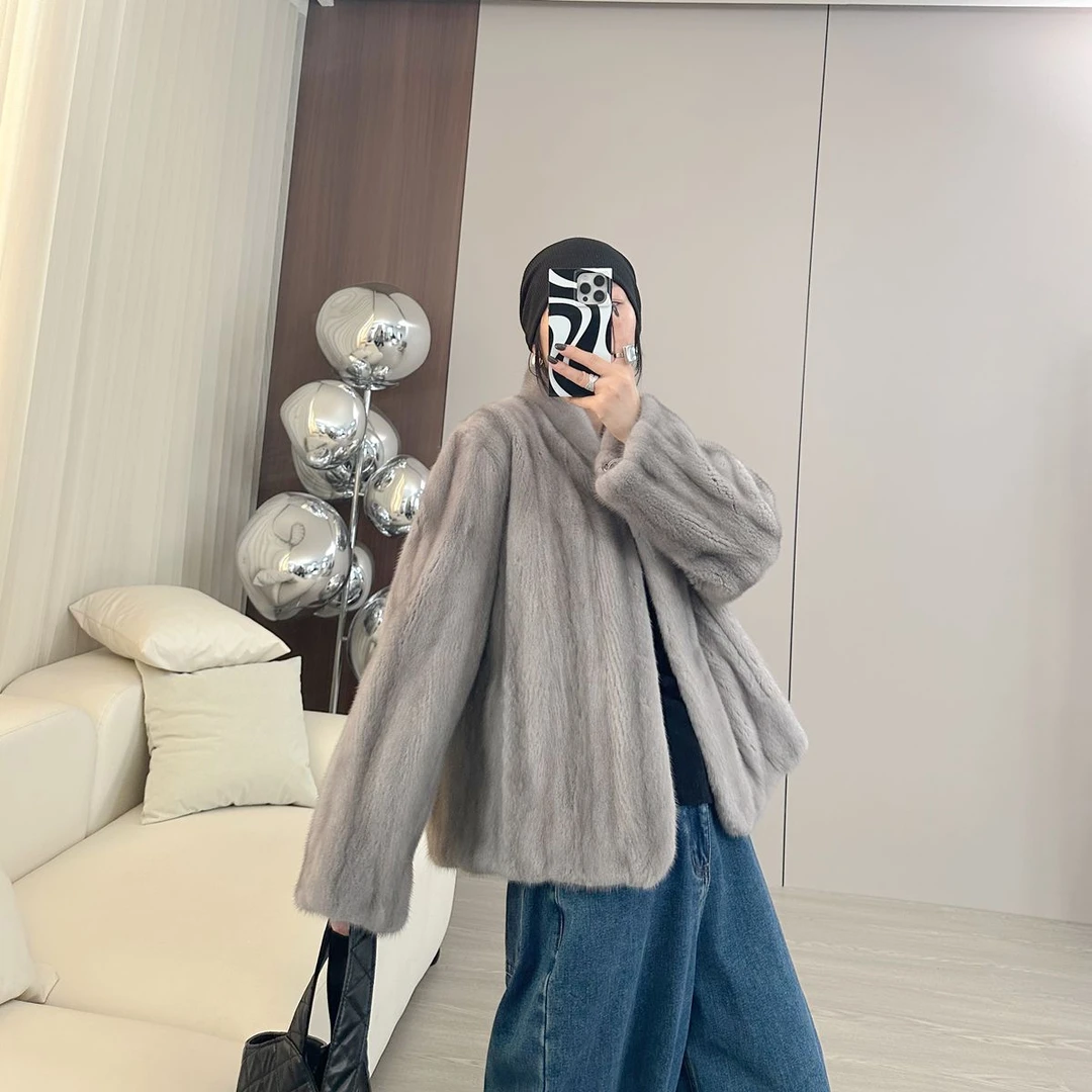 24016  复古经典进口水貂全抽立领短款整貂皮草貂皮大衣女冬