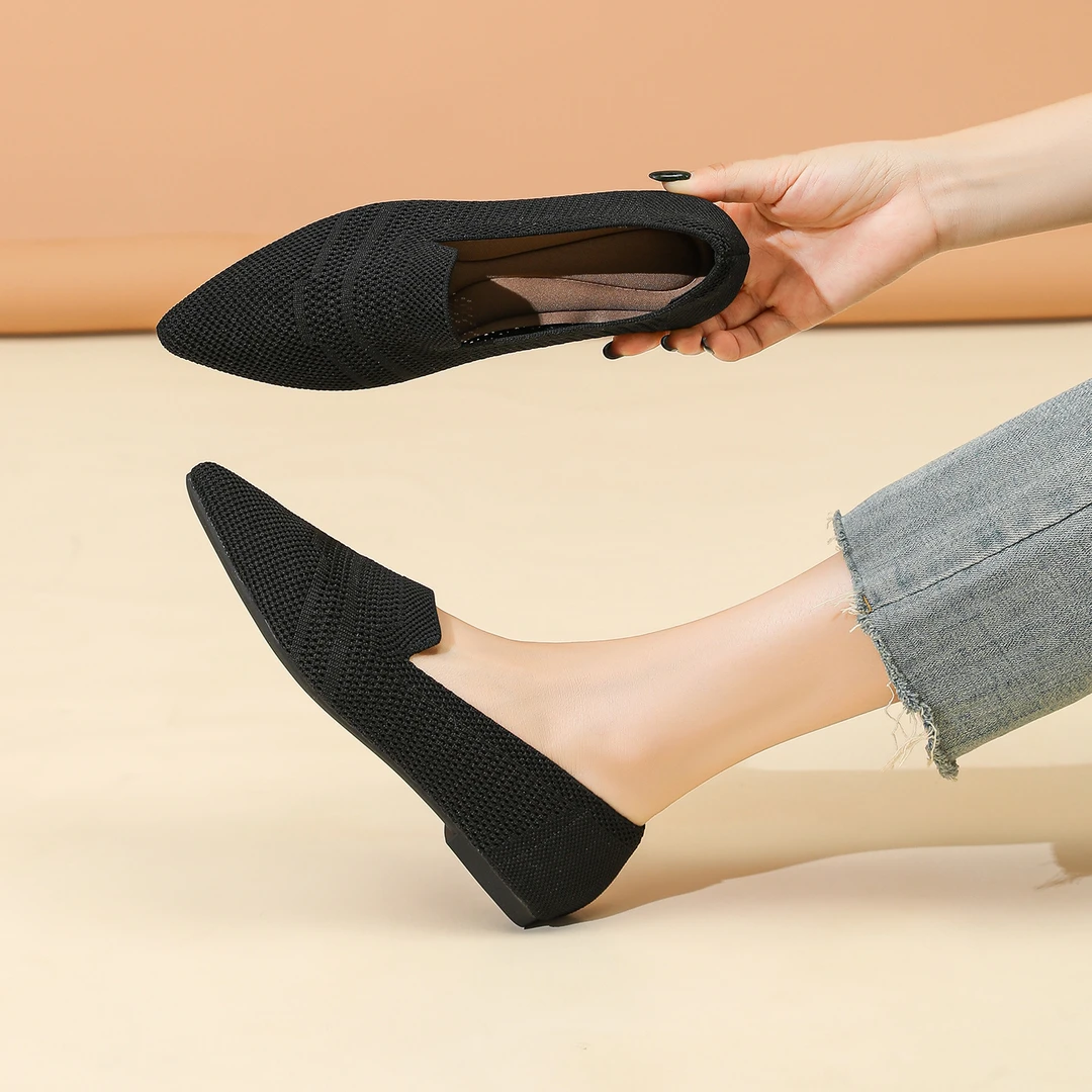 外贸飞织王妃鞋针织编织鞋浅口平底尖头一脚蹬休闲工作大码单鞋女