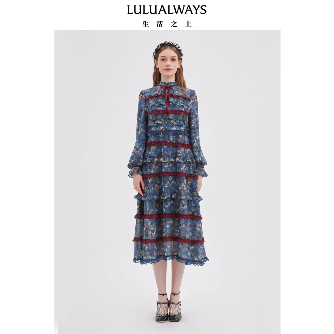 LULUALWAYS我爱露露25秋季新款复古优雅田园碎花长袖蛋糕裙连衣裙
