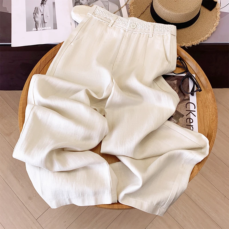 高级感天丝亚麻阔腿裤女夏季2025新款宽松垂坠感防晒裤蕾丝直筒裤