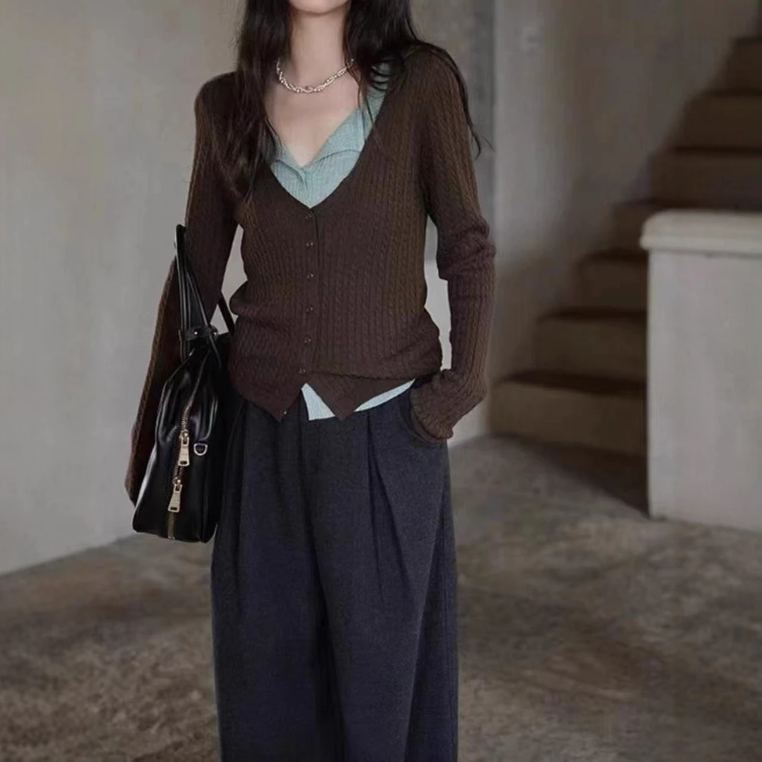 百搭显瘦长袖洋气小众打底衫针织衫上衣毛衣女装开衫，假两件撞色