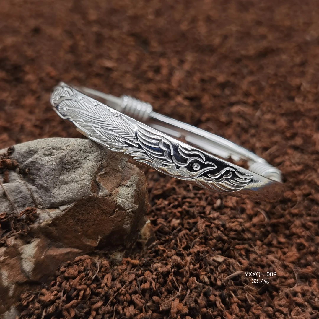 足银手镯 艺心向黔手工艺品 手工凤凰绕丝推拉纯银镯子手镯