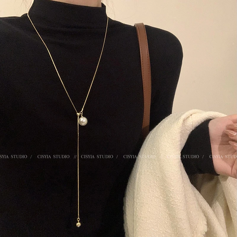 合金项链 单颗珠珠项链女2025新款爆款高级感春秋轻奢毛衣链长款