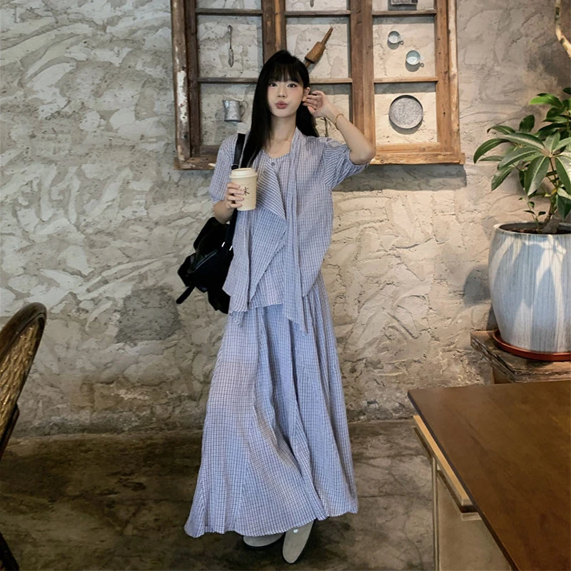 夏季新款时尚韩系通勤风设计感浅灰衬衣+简约气质高腰A字长裙套装