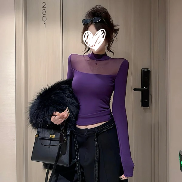 长袖纯欲辣妹风修身半高领T恤显瘦带胸垫网纱拼接氛围感上衣女