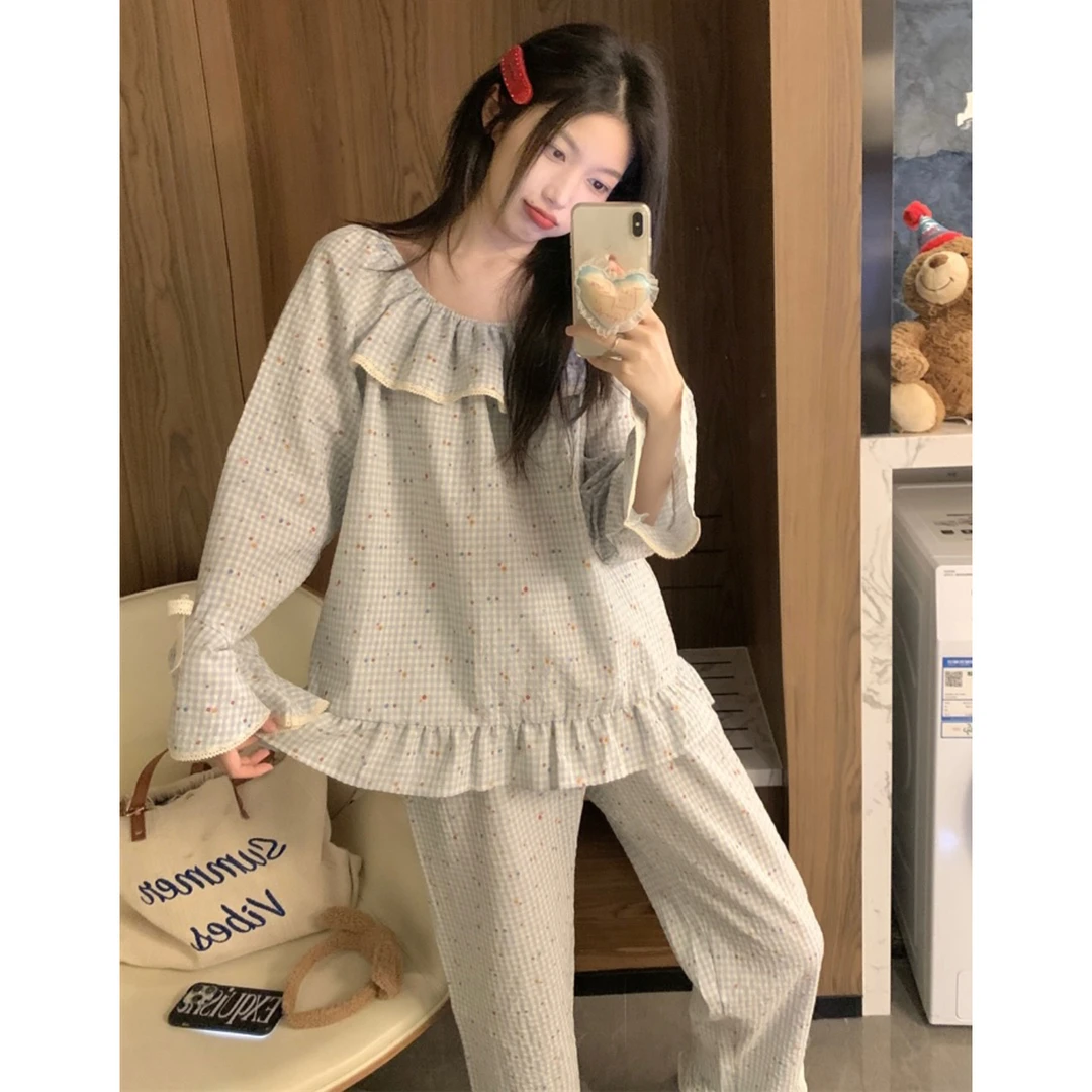 睡衣女春秋季2025新款长袖长裤甜美荷叶边碎花格子舒适家居服套装