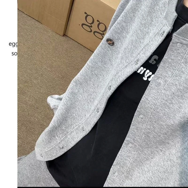 春款鸡蛋百搭纯棉毛圈开衫长袖棒球服小个子简约钉扣薄款立领外套