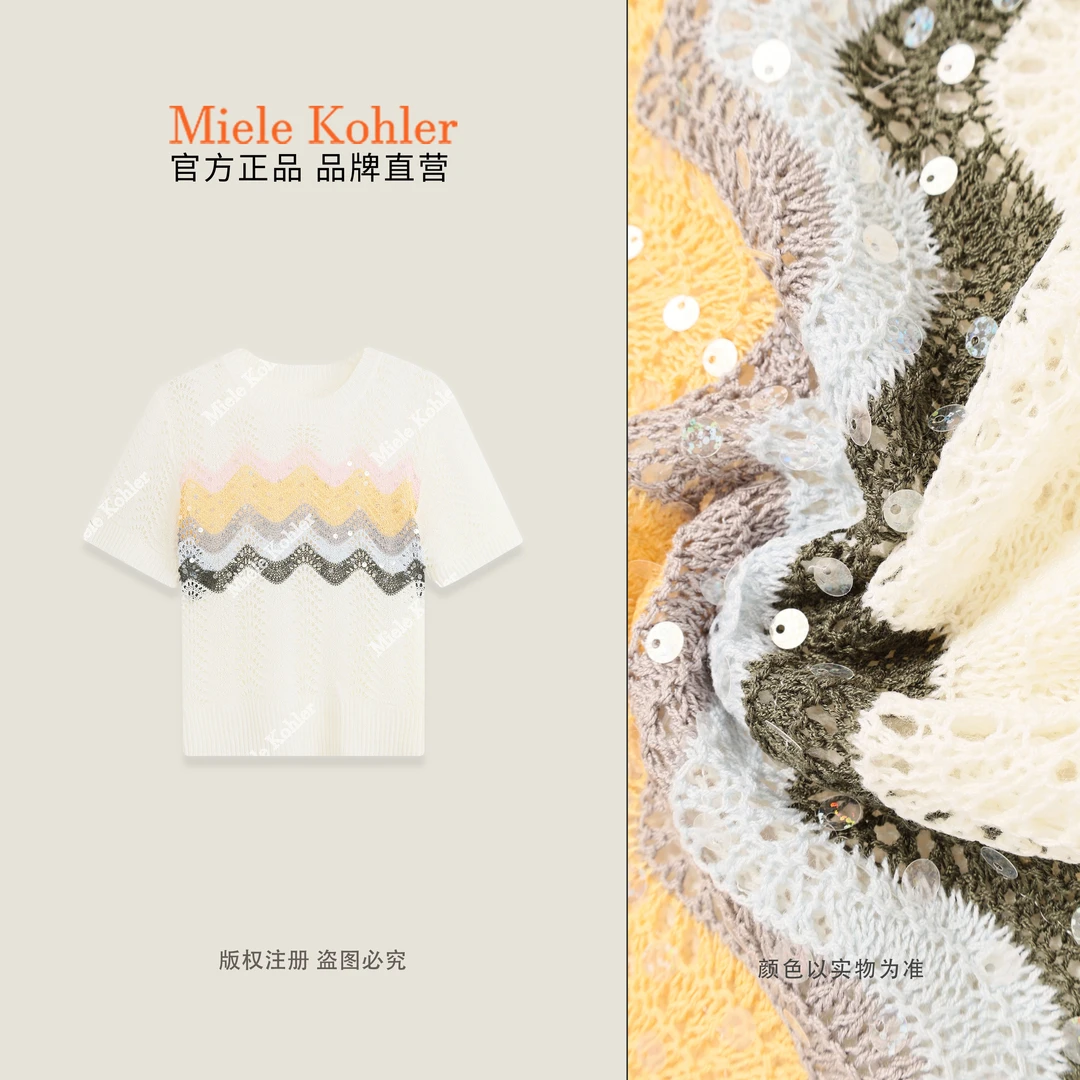 夏季新款拼接撞色镂空显瘦短袖针织衫女MKAX5A008 【澳门小源同款】