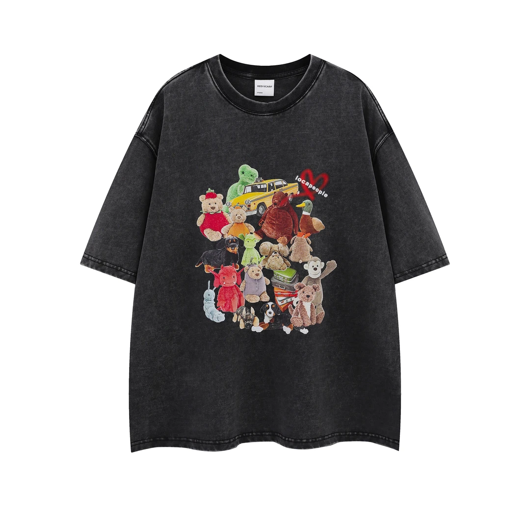 时尚做旧纯棉短袖T恤印花烫印T恤圆领休闲设计感ins宽松T恤上衣