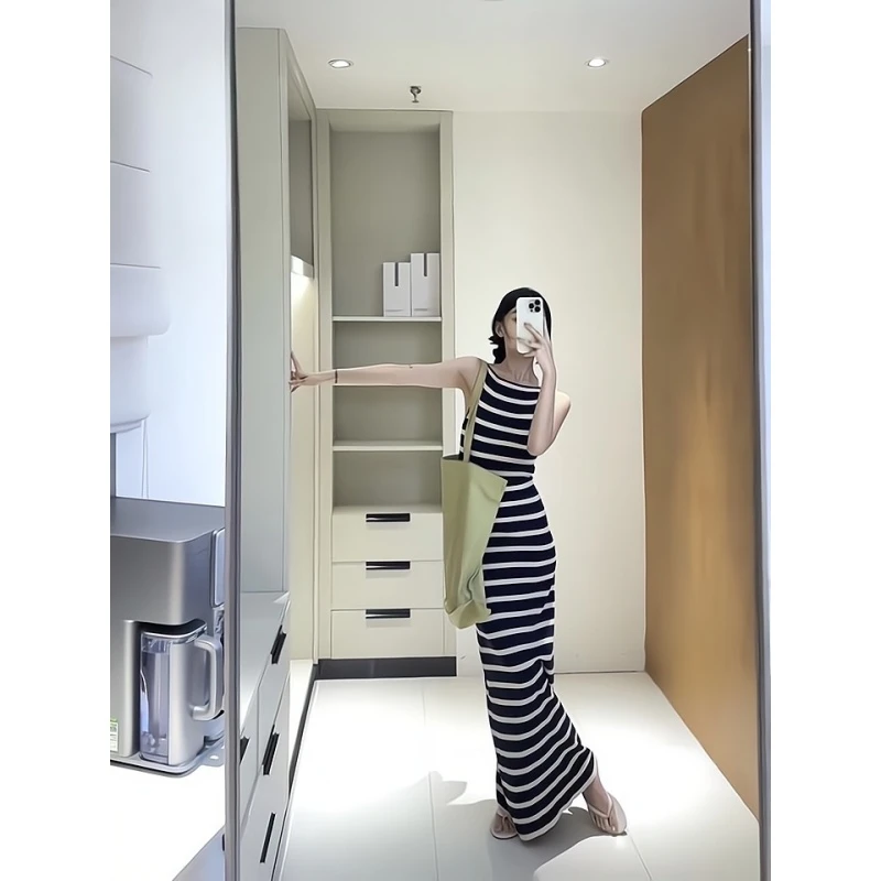 MARIE.COCO韩版百搭黑白条吊带连衣裙女夏季修身显瘦高腰甜美长裙