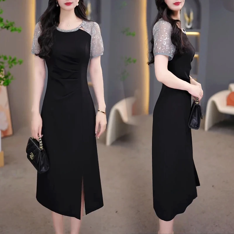 设计感开叉高腰修身显瘦连衣裙女2025夏季新款时尚拼接蕾丝小黑裙